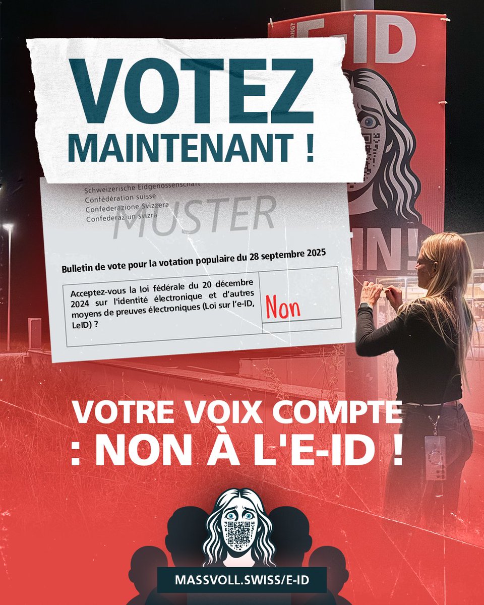 mass_voll's tweet photo. ❗️Dernière ligne droite ! Les sondages sont prometteurs, le taux de participation est faible : c'est toi qui fais la différence ! Fais entendre ta voix contre l'obligation numérique et vote NON à la #eID ! #vote25 #eIDNON

👉🏻 Soutiens la campagne ici : https://t.co/Zphkim0T1F https://t.co/787GUrBOVQ