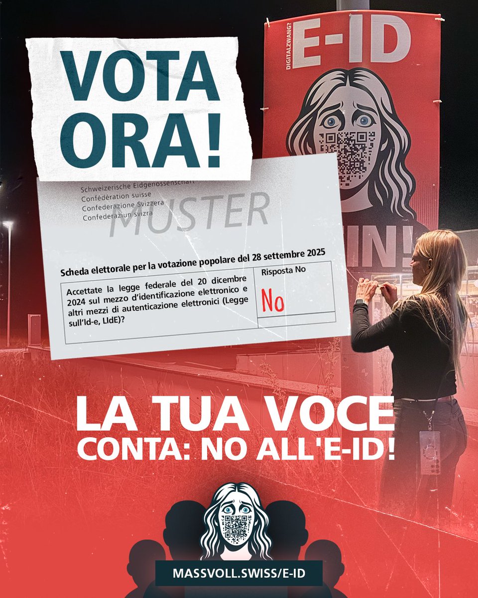 mass_voll's tweet photo. ❗️Sprint finale! I sondaggi sono promettenti, l'affluenza alle urne è bassa: sei tu a fare la differenza! Fai sentire la tua voce contro l'obbligo digitale e vota NO alla #eID! #voto25 #eIDNO

👉🏻 Sostieni la campagna qui: https://t.co/Zphkim0T1F https://t.co/NWHZZtWRs1