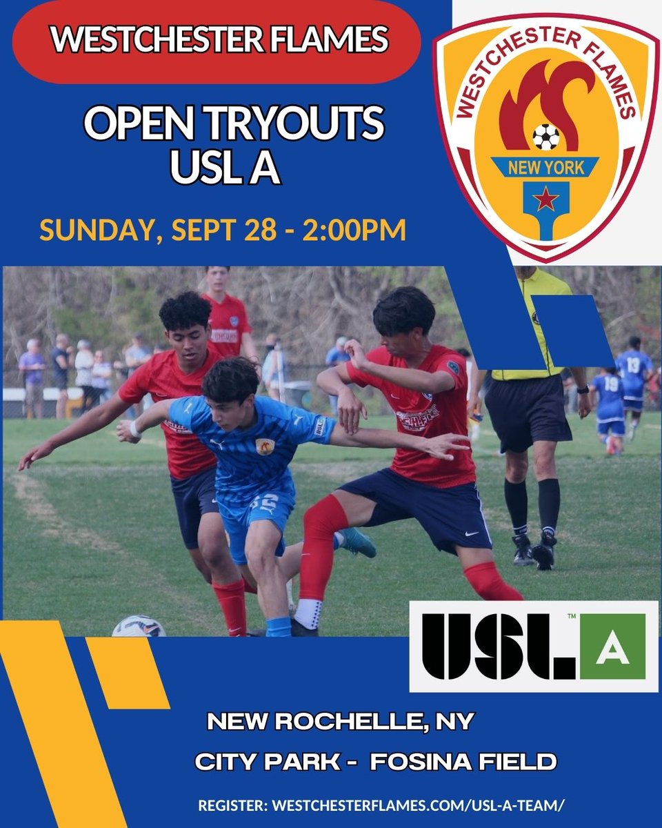The Westchester Flames will be holding open tryouts for the USL A team on Sunday, September 28 at 2pm. The location is City Park - Fosina Field. Please register online on our USL A team page. #wflames