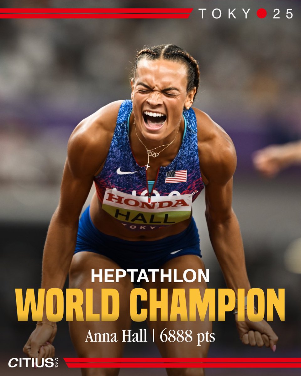 THE SET IS COMPLETE 😍

After winning bronze in Eugene and silver in Budapest, Anna Hall 🇺🇸 is finally a #WorldAthleticsChamps gold medalist with a commanding 6,888 point victory in the heptathlon.

Her marks:
100H - 13.05
HJ - 1.89m
SP - 15.80m
200m - 23.50
LJ - 6.12m
JT -