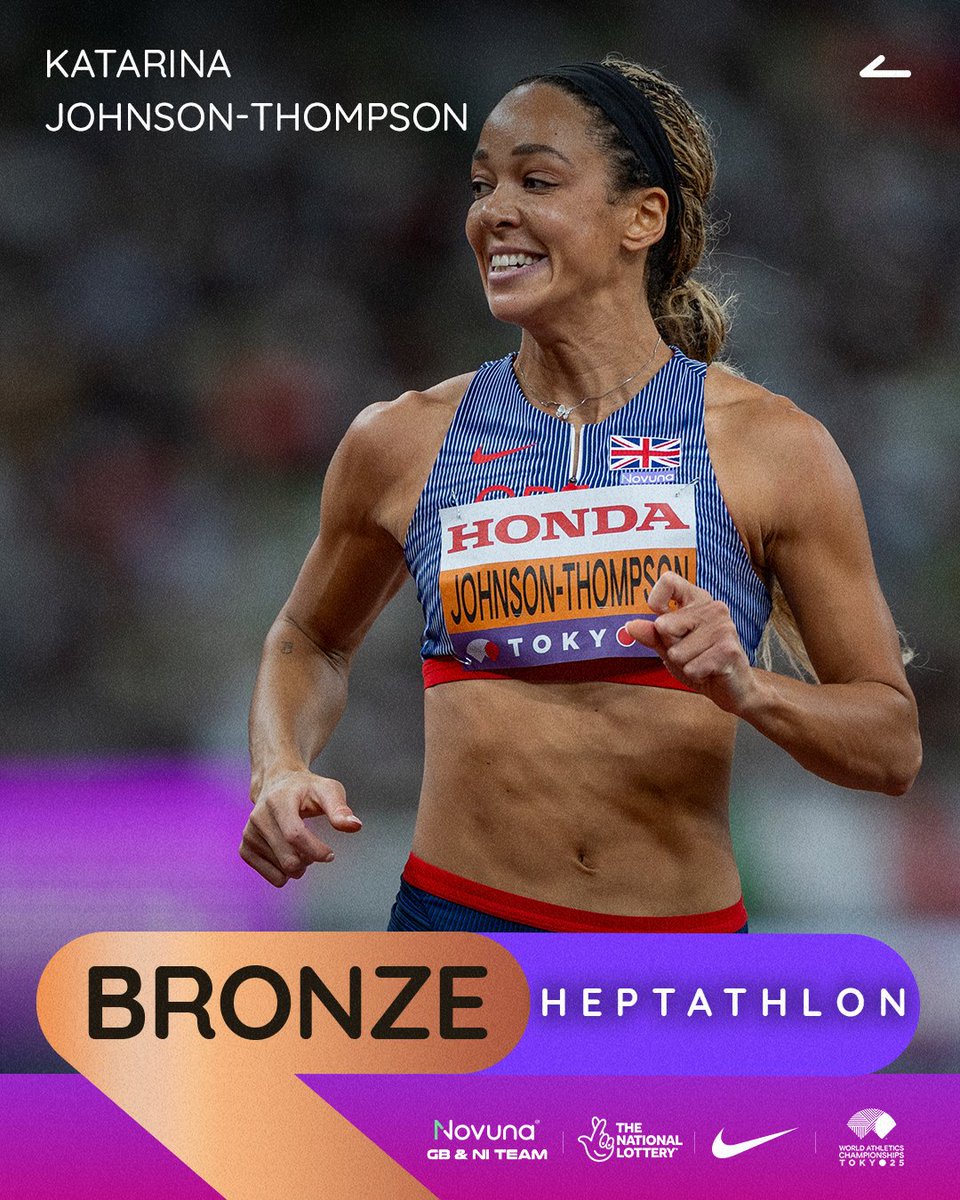 🥉 WORLD BRONZE MEDALIST 🥉

Katarina Johnson-Thompson claims bronze in the heptathlon with 6581 points! 👏

She finishes level on points with the USA's Taliyah Brooks and they will share the medal 🤝

#WCHTokyo25 #NovunaGBNI #WorldAthleticsChamps