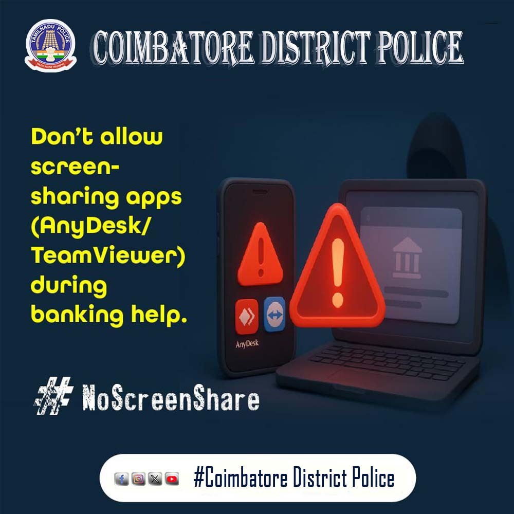 Cbe_Dist_Police's tweet image. #Police #spam #onlinesafety #scamalert #awareness #cybercrime #coimbatore #safety #kovai #covai #socialmedia #anydesk #tnpolice
@TNPoliceWstZone @tnpoliceoffl