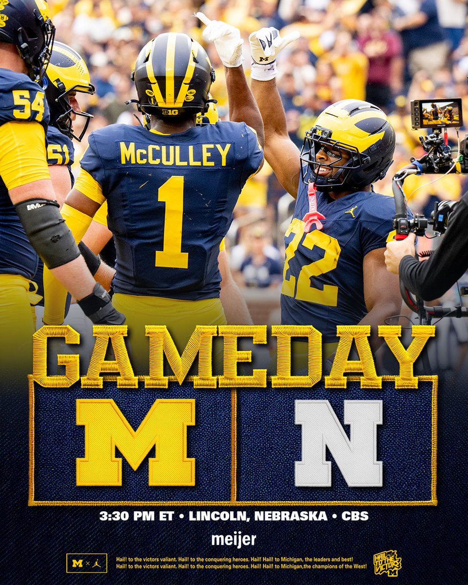 UMichFootball's tweet photo. Game 4

⏰ 3:30 p.m. ET
📍 Lincoln, NE
📺 CBS (https://t.co/CrpGFze2p6)
🎙️ Michigan Sports Network (https://t.co/9tgqsCBNJ0)
📊 https://t.co/iT9V7mI8on
📖 https://t.co/sj5Eb0tDUl

#GoBlue