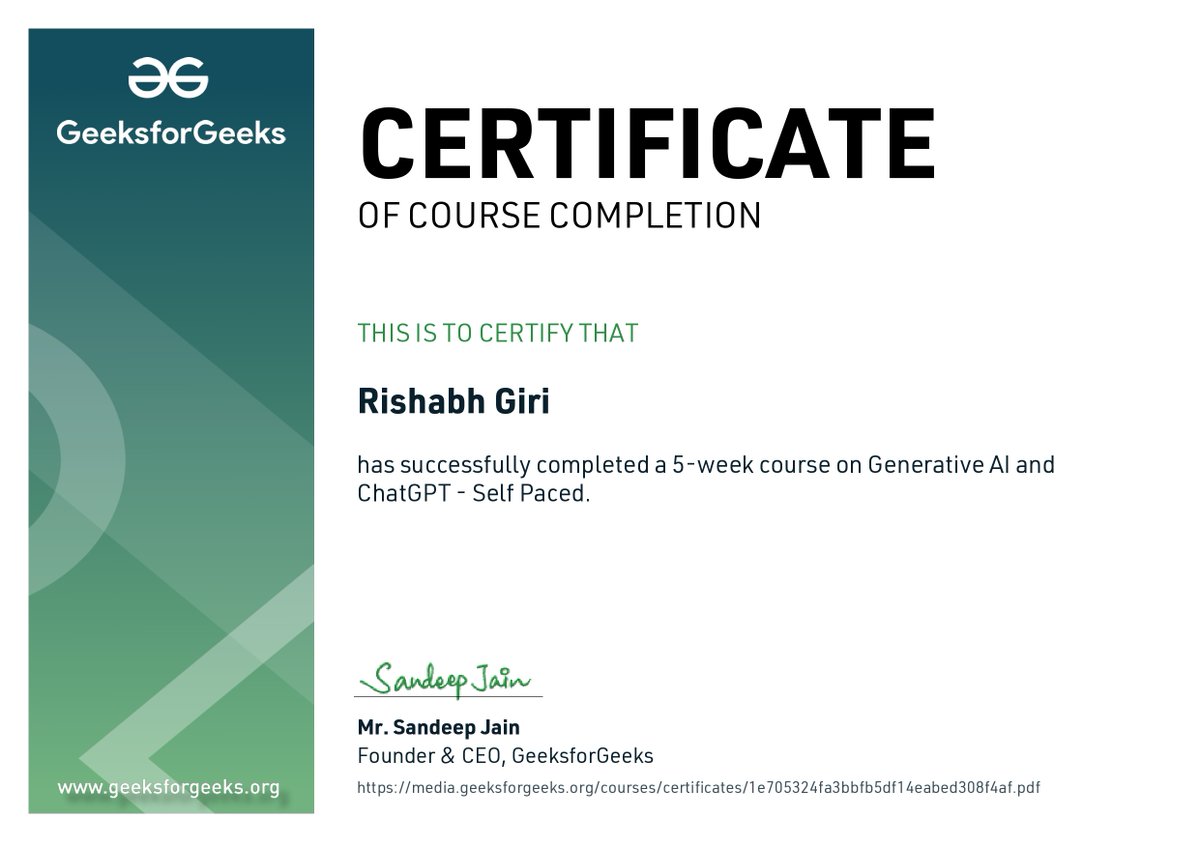 rishabhgiri024's tweet image. 🚀Excited to announce that I’ve successfully earned my Generative AI Certification from #GeeksforGeeks!

🔑 Key Skills Acquired:
✅ AI Model Development
✅ Model Training &amp;amp; Optimization
✅ Data Handling &amp;amp; Processing
✅ Applied Machine Learning

#AI #ChatGPT #GenerativeAI #GFG #ML