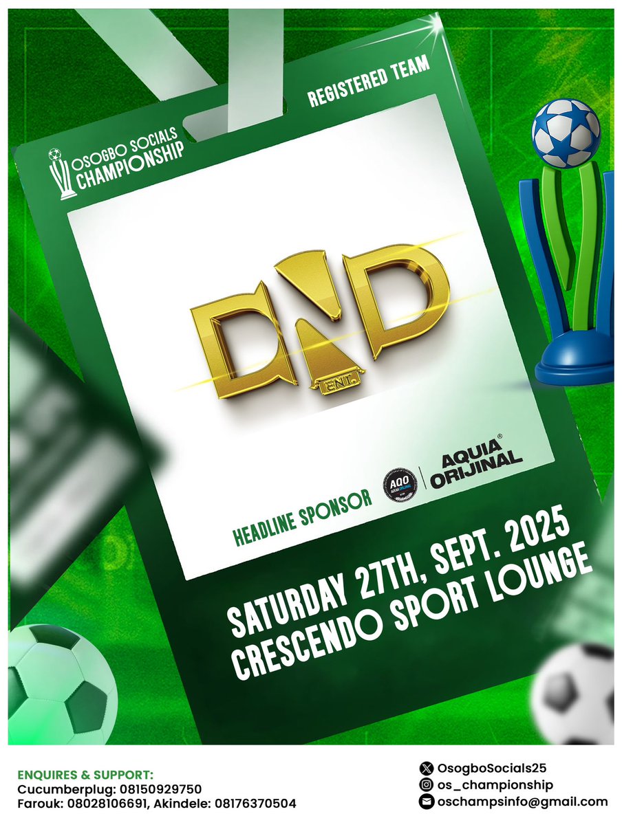 OsogboSocials25's tweet photo. Weβre thrilled to share that DND ENTERTAINMENT HUB will be competing in the Osogbo Socials Championship! ππ
π
Date: 27th Sept,2025
π Venue: Crescendo Sport Lounge
π: 11am
Come through and show your support as we play for pride, passion, and communityπ₯
#OsogboConnect #DND https://t.co/ZIafmoqRLt