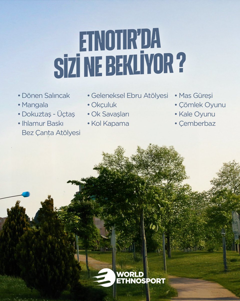EtnoTır Ankara’da 🏹

20–28 Eylül tarihleri arasında Başkent Millet Bahçesi’nde gerçekleşen geleneksel sporlar ve sanat atölyeleriyle buluşuyoruz.✨

Okçuluktan mangalaya, ebrudan ıhlamur baskıya, onlarca oyun ve atölye Başkent Millet Bahçesi’nde sizleri bekliyor. ☘️

Tüm Ankara