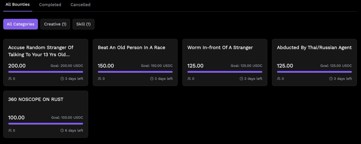 We have created and filled five open bounties any creator can complete. 

If you think you have the skill to convince a random streamer to complete any or all of them, feel free to get them done for a 1 SOL reward each. The streamer also gets the pooled reward once you convince