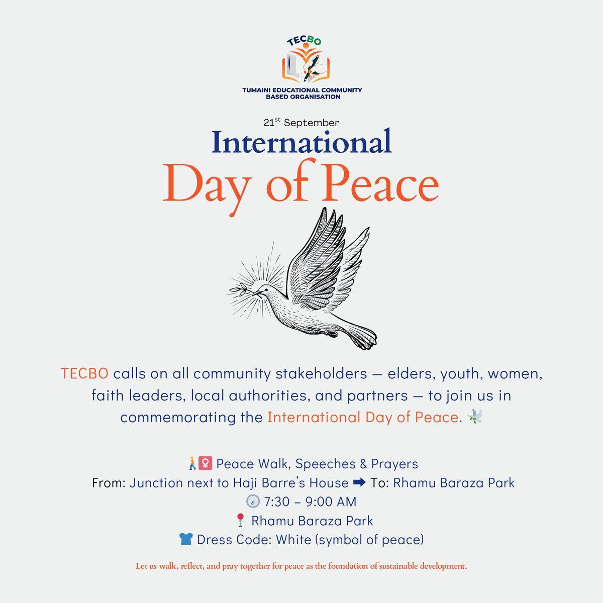 TECBO_OFFICIAL's tweet photo. Add your voice and your steps to the Peace Walk — because peace begins with all of us.
#InternationalDayOfPeace #ManderaNorth https://t.co/6mQgwDdJvk