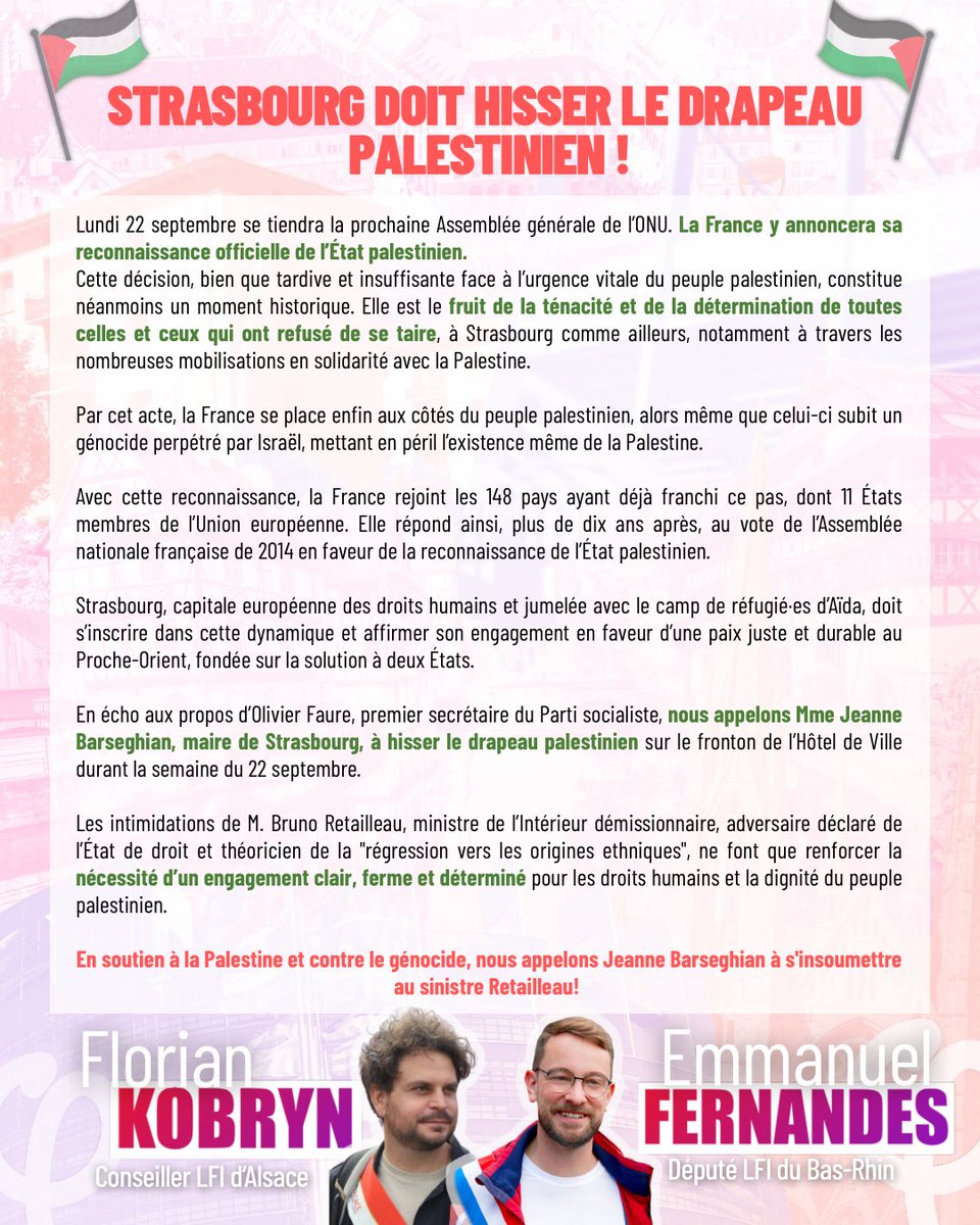🔴 Strasbourg doit hisser le drapeau palestinien ! 🇵🇸

Avec <a href="/FlorianKobryn/">Florian KOBRYN</a>, Conseiller d'Alsace LFI, nous interpellons la maire de #Strasbourg, Jeanne Barseghian ⤵️