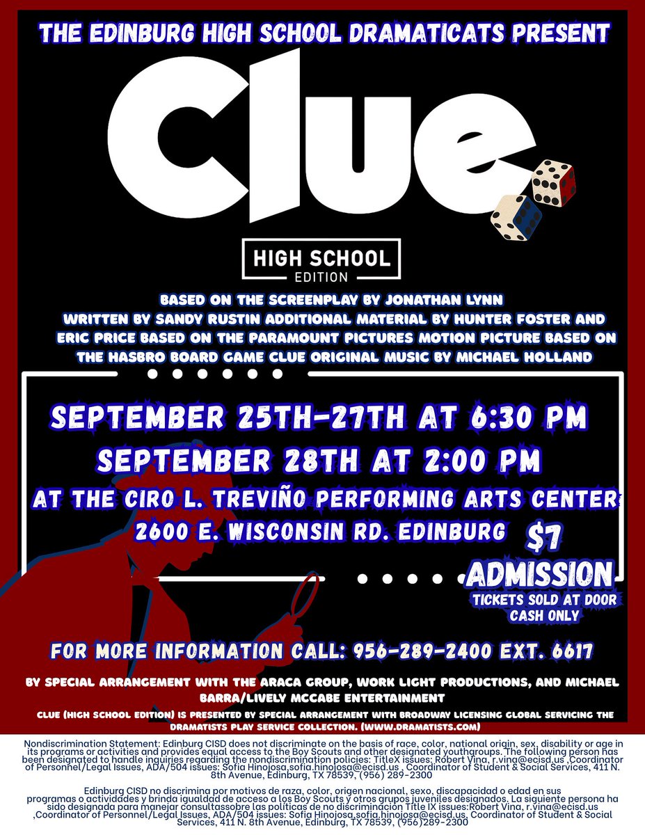 This is your “CLUE” to come check out our theatre production next week!