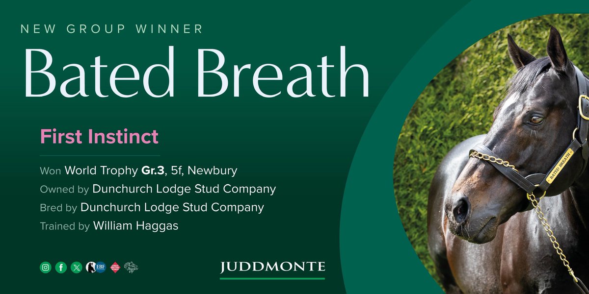 JuddmonteFarms's tweet photo. What a finish from BATED BREATH filly First Instinct to win the Gr.3 World Trophy @NewburyRacing. Already a Listed winner, this is her first Group race win #ProvenValue https://t.co/RHHVhFg4lJ