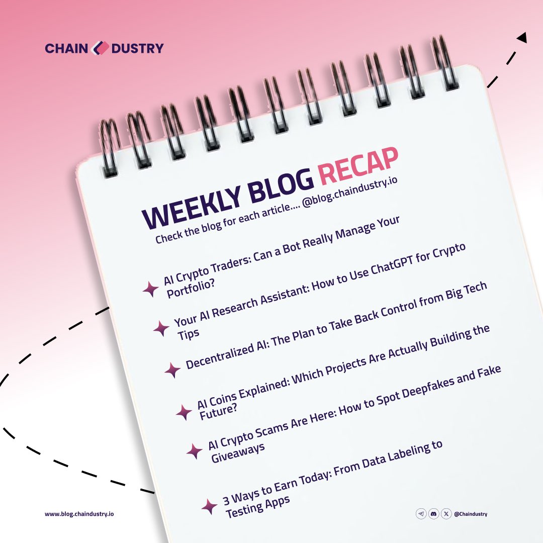 ChainDustry's tweet image. 🚀 Weekly Blog Recap!

Catch up on the hottest topics in AI, crypto, and the future of tech. 

From AI trading bots 🤖 to spotting crypto scams 🚨, we’ve got you covered.

👉 Read more: blog.chaindustry.io