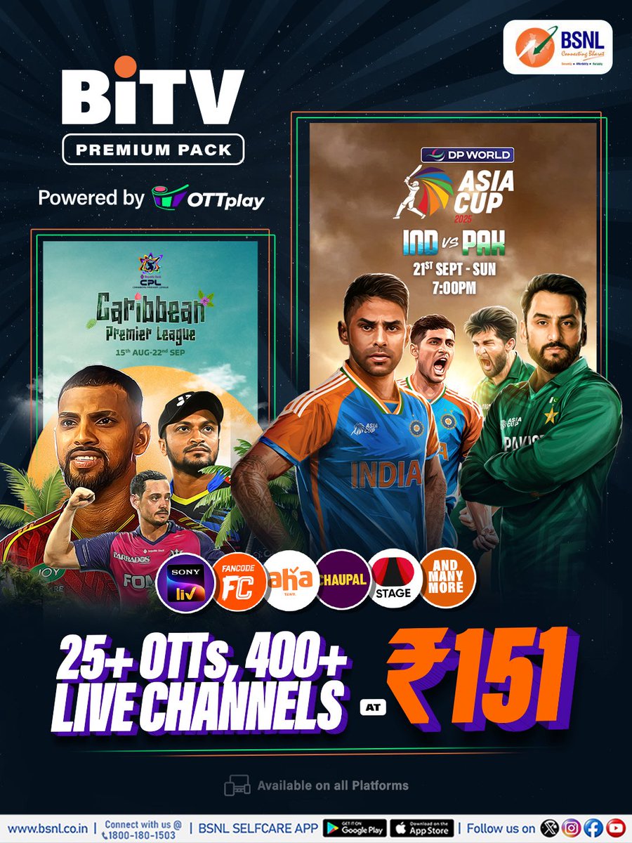 BSNLCorporate's tweet photo. Asia Cup Fever is Here!
Catch every boundary, wicket & six LIVE with BSNL BiTV Premium Pack @ ₹151.
Enjoy 25+ OTT apps & 400+ channels of non-stop entertainment!
Get it now: https://t.co/0lA2HY4IOJ
#BSNL #BSNLIndia #DigitalIndia #BiTV #AsiaCup2025 #BiTVPremiumPack https://t.co/8kJMdaHaxP
