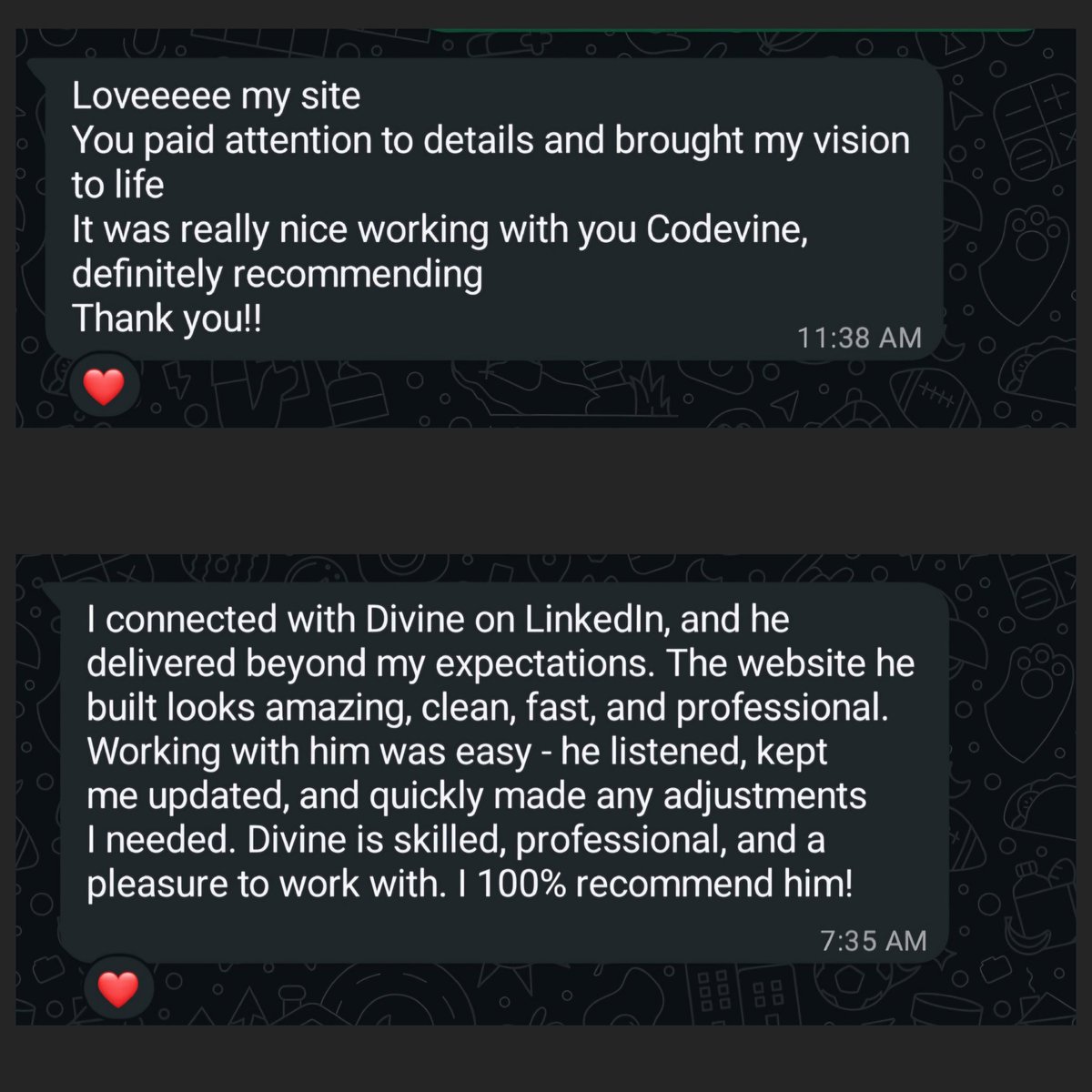 codevinedev's tweet photo. @jon_d_doe Don't hire me unless you want clients raving about their websites like these two. I'm booked anyway 🤷‍♂️
Portfolio: https://t.co/zYnHXKqbr6 (but seriously, only reach out if you're ready to invest in real results, not just a pretty site) https://t.co/vTzEG7J8a9