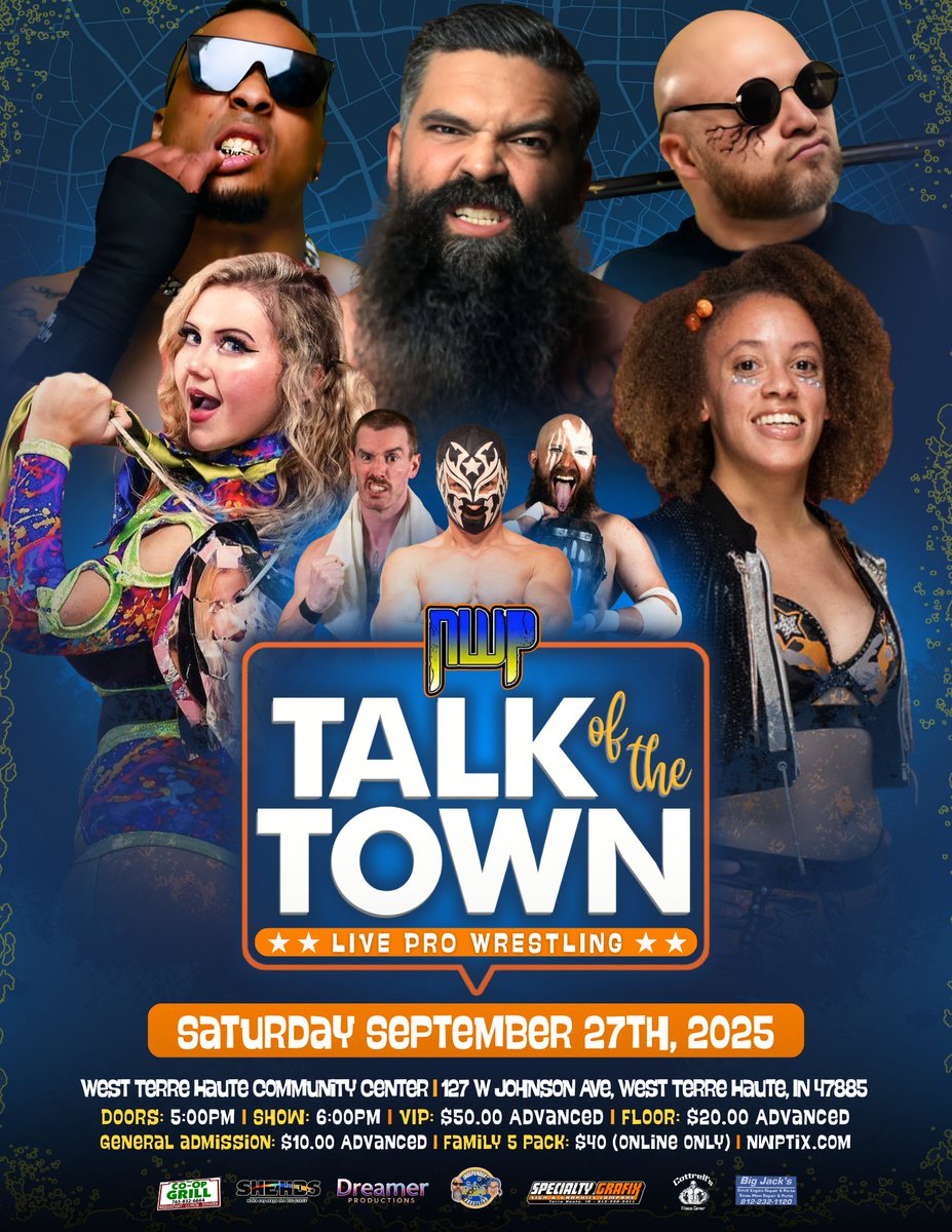 NewWave_Pro's tweet photo. 🚨 #RT & #SHARE 🚨
#NewWavePro is Talk of the Town
Saturday September 27th 2025
West Vigo Community Center
🎟️: https://t.co/LxhY6Oj7xv
@indiewrestling TV Taping.
Still available for sponsorship
@dex__royal
@PlanetWilliams1
@RiderOfTheStars
@JeremyHadley20
@LordCreweKills