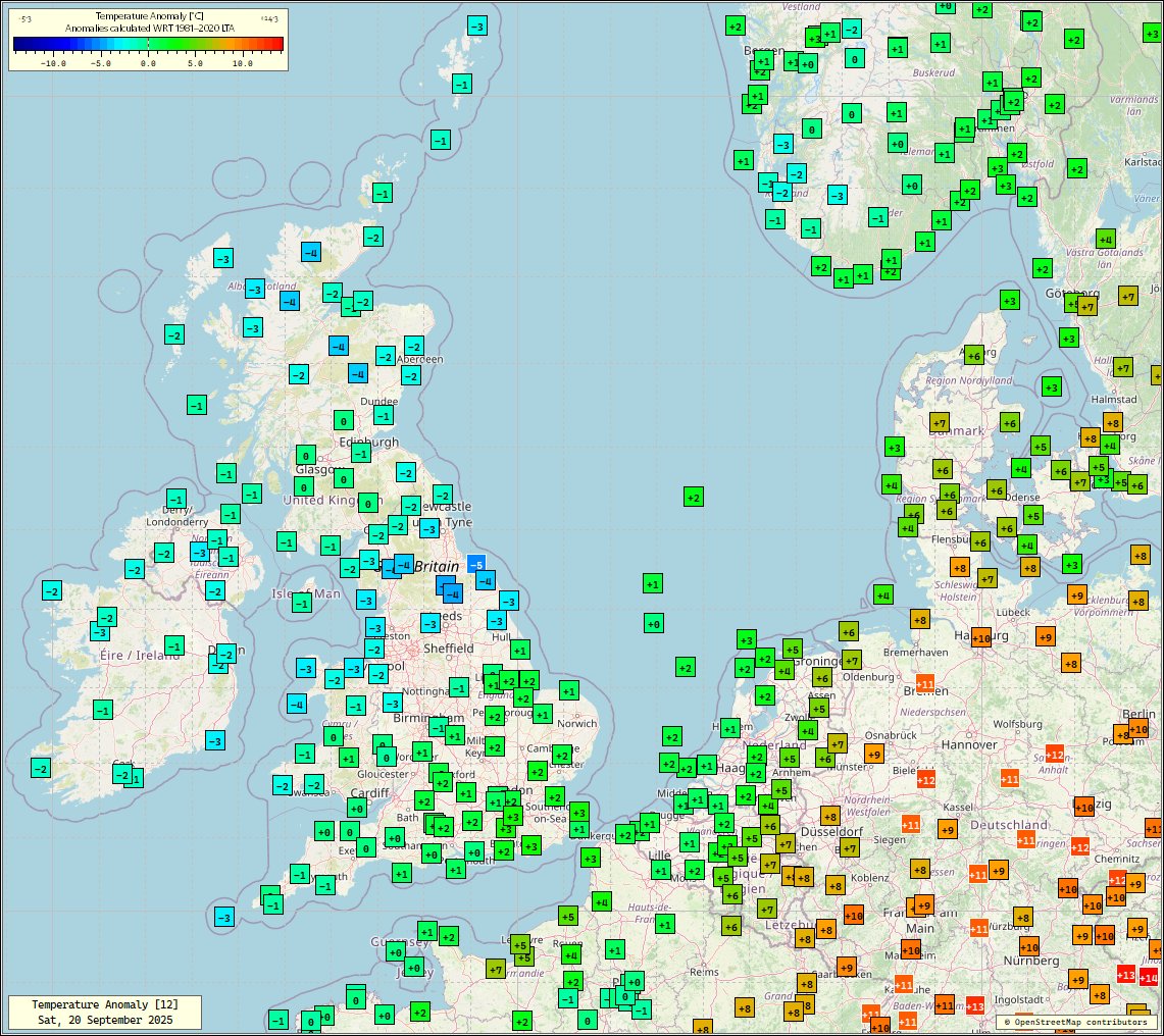 20 Sep 2025
12 UTC
Temp anomalies
Still rather mild in the south, but colder in the N Scotland &amp; in the rain across N England and Wales with anomalies of -5°C in places.
Further afield, it's a very warm day across much of Germany.
#ukweather 
<a href="/bbcweather/">BBC Weather</a> <a href="/metoffice/">Met Office</a>