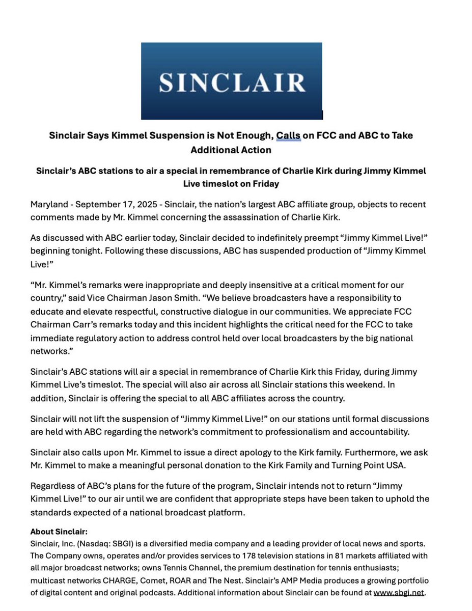 ByronYork's tweet image. Huh? &apos;Sinclair pulls Charlie Kirk documentary from ABC affiliates; &apos;Celebrity Family Feud&apos; aired in place of the documentary, which streamed on YouTube instead.&apos; thedesk.net/2025/09/sincla…