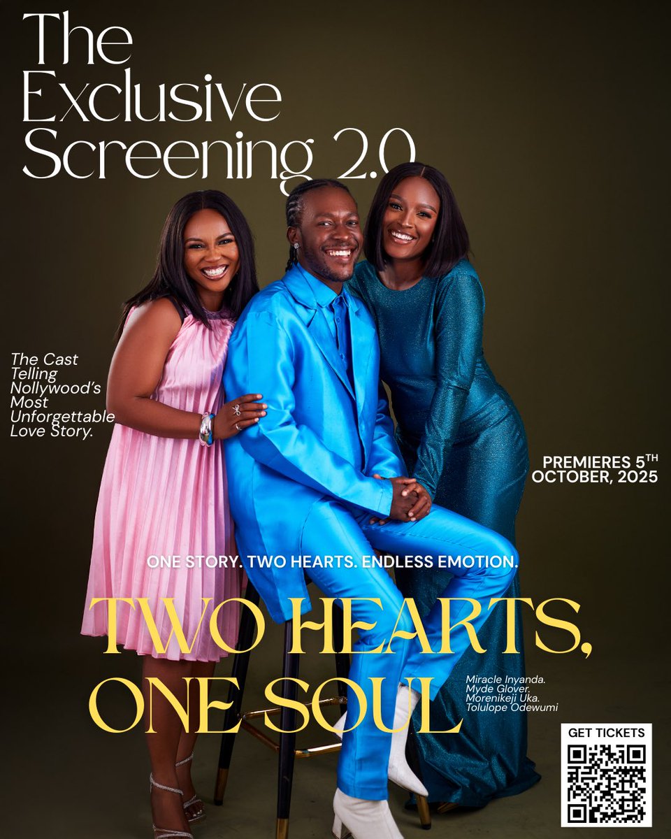 The cast of TWO HEARTS, ONE SOUL step into the spotlight, bringing Nollywood’s most unforgettable love story to life. 

Premiering October 5th at The Exclusive Screening 2.0
Alliance Française – Mike Adenuga Centre, Ikoyi
Tickets: tix.africa/discover/theex…