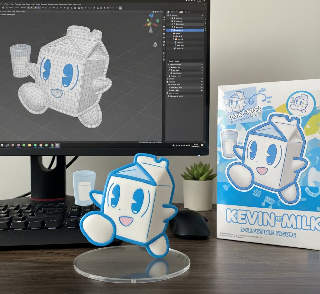 milknokevin's tweet photo. もしも「ミルクのケビン」がフィギュアになったら…
というイメージをAIで描いてみました！ 
PC画面のモデリング風景も、箱のデザインも、全部妄想です＾＾
（いつか本当に実現しないかなぁ…）😂 https://t.co/3OGVCudGGN