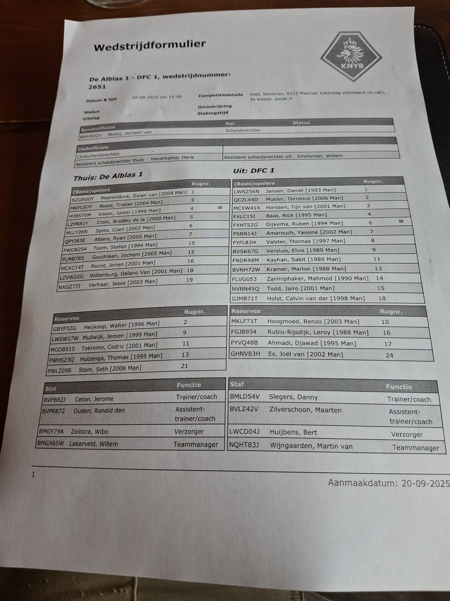 VeldhovenArie's tweet photo. Opstellingen De Alblas- DFC, de gasten lijken en list verzonnen te hebben en starten met 13 basisspelers. https://t.co/uEqvaTe2QL