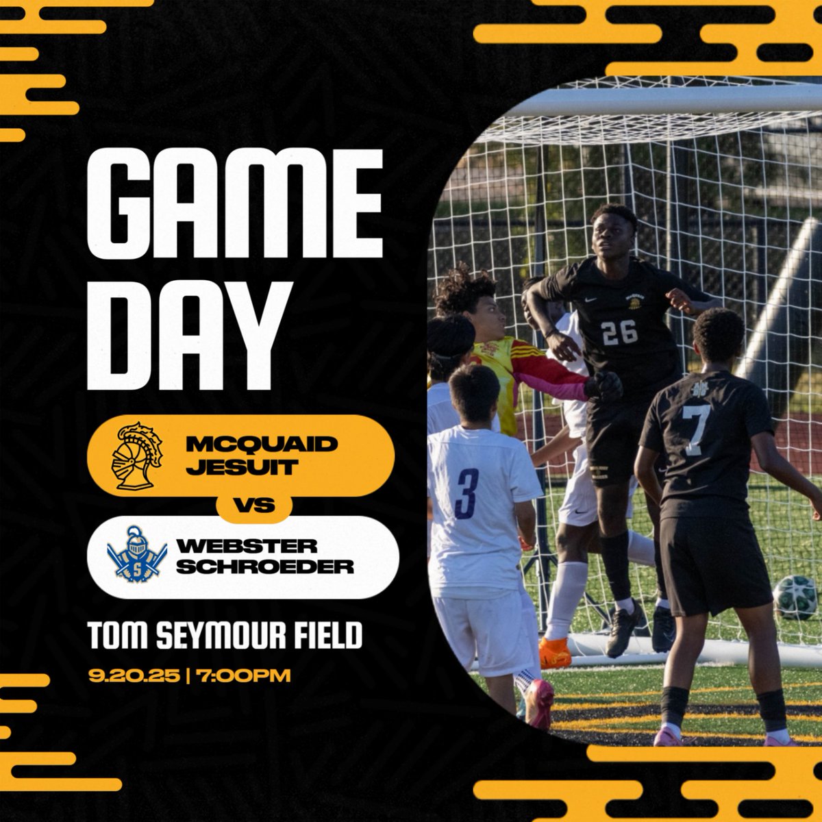 GAMEDAY! Soccer Knights host Webster Schroeder tonight under the lights at 7pm. Come out and support the squad tonight! #AMDG @secvboyssoccer @pickinsplinters @mcquaidjesuit @primetimeball_  <a href="/gametime585/">thejmacshow</a>