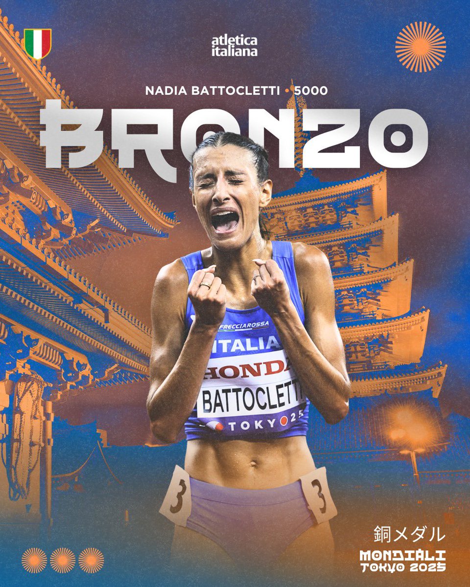 atleticaitalia's tweet photo. NADIA BRONZOOOO NEI 5000! RECORD STORICO DI MEDAGLIE PER L’ITALIA AI MONDIALI! #Tokyo2025

Impresa di Nadia Battocletti bronzo nei 5000 a Tokyo, prima donna azzurra a conquistare due medaglie nella stessa edizione dei Mondiali 

Italia 7 medaglie ai Mondiali: mai successo prima! https://t.co/ymiI2juhmC