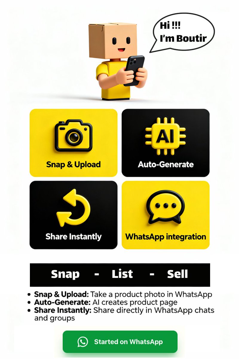 MerakkuAI's tweet photo. 💬 Conversations are the new storefront.
But turning chats into sales is messy.
That’s why we built Boutir AI Assistant:  
📸 Snap a photo in WhatsApp  
⚡ Auto-generate a product page  
💬 Share &amp; sell instantly
#AI #Ecommerce #WhatsAppBusiness #ConversationalCommerce https://t.co/YCJSn2iffi