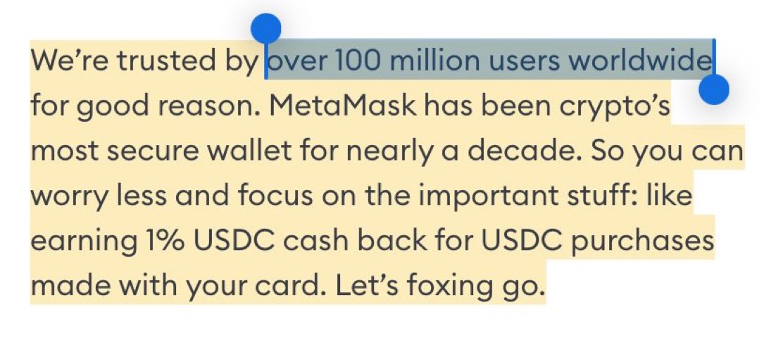 Metamask has over 100 million users

If metamask launches at $1 billion FDV and gives out %10 supply as airdrop ($100m)

this would mean an average of $1 million per user😳