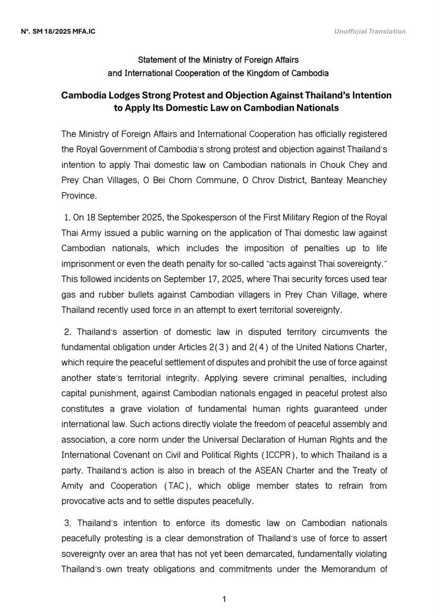 noansereiboth's tweet photo. Cambodia lodged a strong protest and objection against Thailand's intention to apply Thai domestic law on Cambodian nationals living on Cambodian territory. https://t.co/oFuzMupTyA