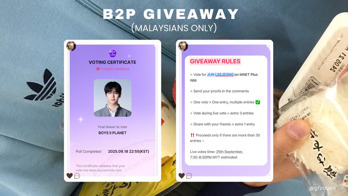 gfzbubs's tweet photo. pop mart blind box etc giveaway 
 (🇲🇾 malaysians only)

prizes: 
- 1x Foto 135mm Retro Film Camera (camera only!!)
- 1x Pop Mart Blind Box (Hirono Le Petit Prince / Hirono The Other One / Hacipupu The Constellation series)
- 1x Timephoria Pandora Cheek Liquid Blush (can choose shade as long as there are stocks)

rules:
⟡ rt & like 
⟡ vote for #JUNLEEJEONG on MNET Plus app & reply proofs (as well as your desired prize)
🔗: https://t.co/zZSyD4Yhog
⟡ more votes = more entries
⟡ if u vote during live votes = extra 3 entries
⟡ share this to your friends = extra 1 entry (just show proof)
⟡ proceeds only if there are more than 30 entries

[see next post for voting guide] 

‼️ LIVE VOTES WILL BE ON THE 25TH (around 7:30-8:30PM est) 

ends: 25th September 2025 (after final ends) 

#JUNLEEJEONG #전이정 
#BOYS2PLANET #보이즈2플래닛