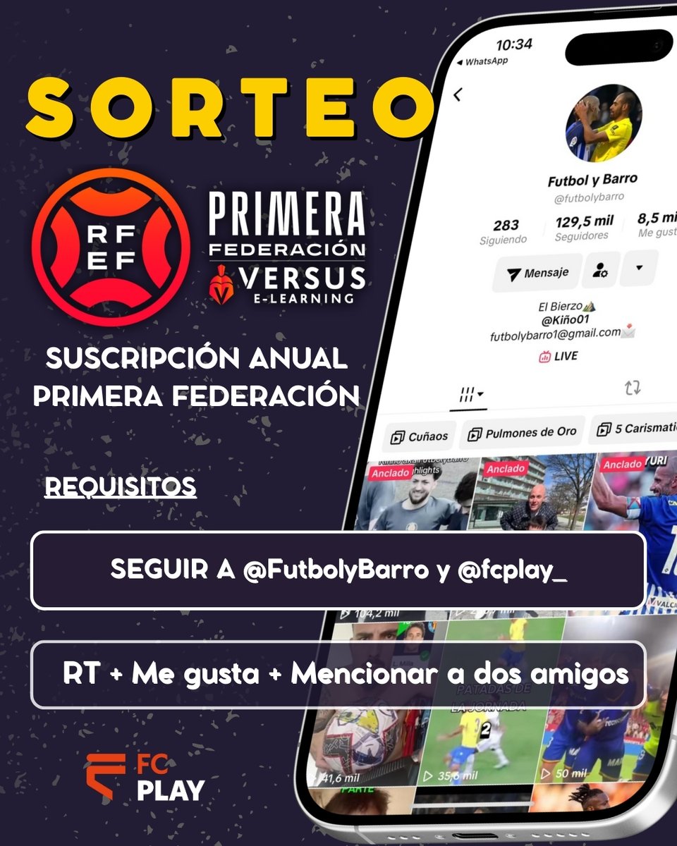 🎁 𝗦𝗢𝗥𝗧𝗘𝗢 𝗘𝗦𝗣𝗘𝗖𝗜𝗔𝗟 𝗣𝗥𝗜𝗠𝗘𝗥𝗔 𝗙𝗘𝗗𝗘𝗥𝗔𝗖𝗜𝗢́𝗡  

📺 Gana una suscripción junto a @fcplay_ y Fútbol y Barro
 
 ✍️ 𝗥𝗘𝗤𝗨𝗜𝗦𝗜𝗧𝗢𝗦:    

1️⃣ Like ❤️ y RT🔁
2⃣ Seguir a @fcplay_ y Fútbol y Barro en TikTok
3⃣ Menciona a dos amigos