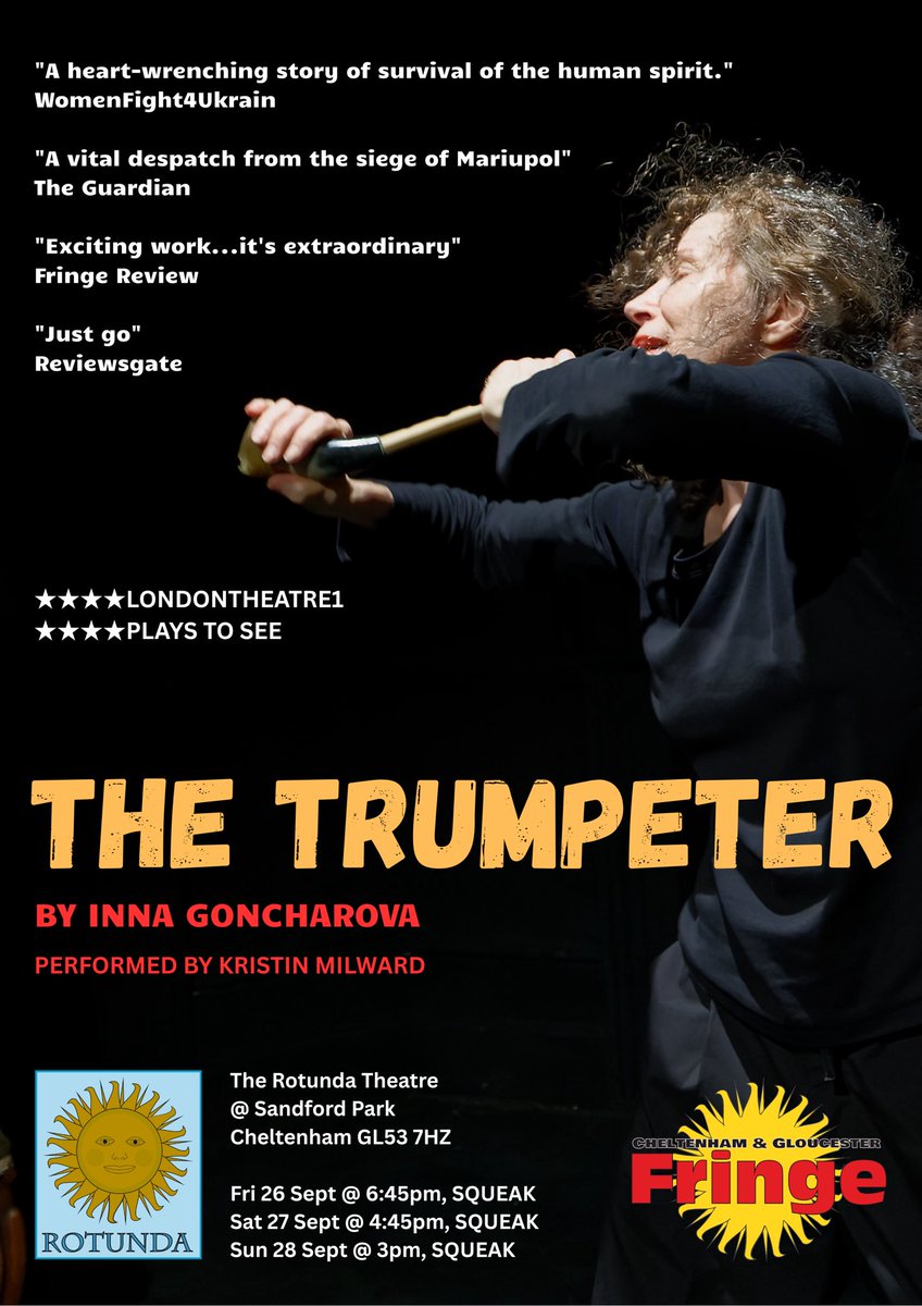Don’t miss “The Trumpeter” <a href="/RotundaDome/">RotundaTheatre</a> Fri 26 Sept - Sun 28 Sept. The devastating story of the Siege of Mariupol in 2022.
everymantheatre.org.uk/shows/the-trum…
Venue: Rotunda Theatre Squeak - pop up venue in Sandford Park Recreation Ground, Cheltenham GL53 7HZ
#ukraine #mariupol #Azovstal