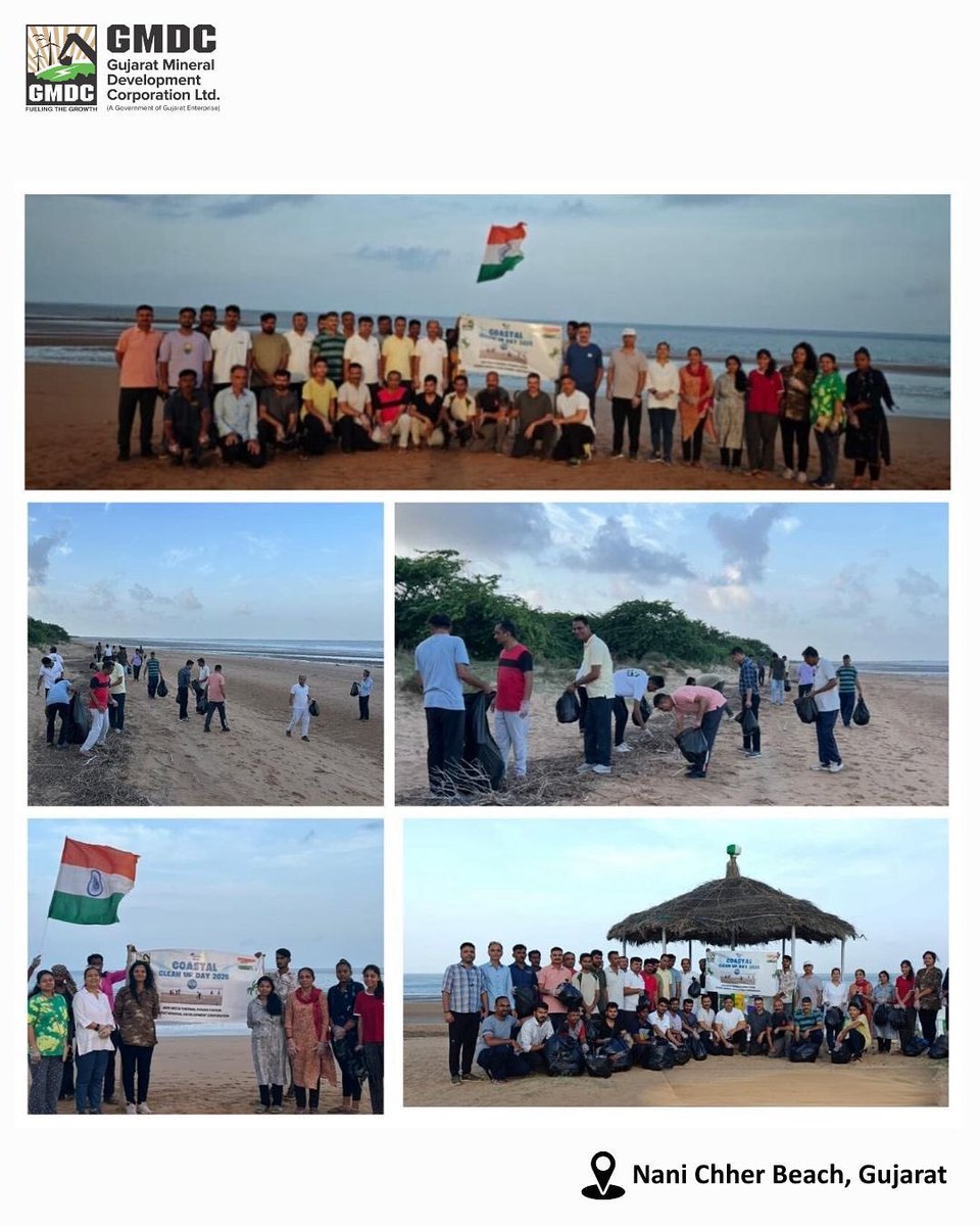 OfficialGMDC's tweet photo. On International Coastal Cleanup Day 2025, GMDC’s Akrimota Thermal Power Station (ATPS) organized a cleanup drive at Nani Chher Beach, Kutch, with enthusiastic participation from employees, families, and partners. The effort cleared waste, spread awareness on marine conservation, and strengthened community partnership. This initiative reflects GMDC’s commitment to sustainability, people-centric growth, and environmental stewardship in the region that is home to the serene Narayan Sarovar and the vibrant Kutch coastline.🌍✨

@MinesMinIndia @CoalMinistry @narendramodi @CMOGuj 

#GMDC #Sustainability #ResponsibleMining #CoastalCleanup #MarineConservation
