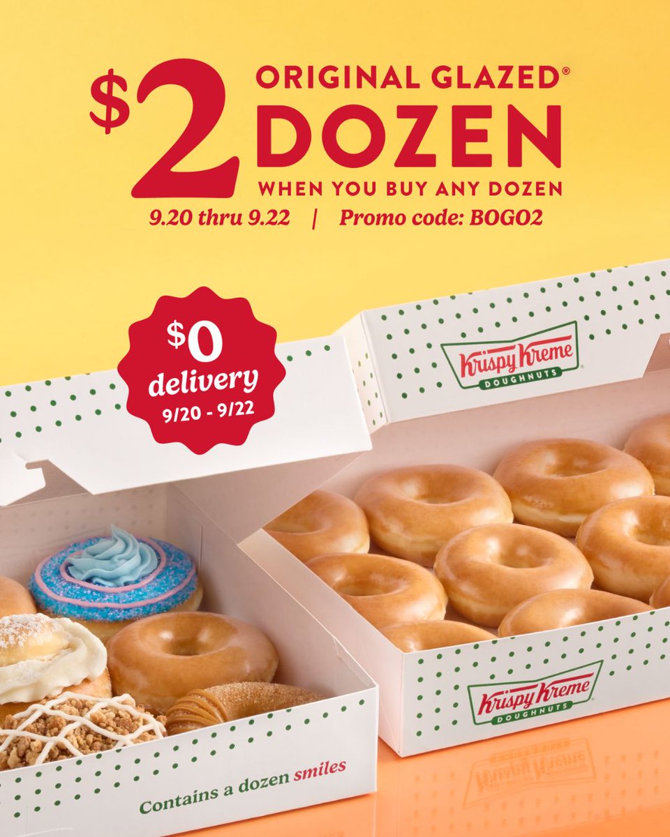Celebrate the first day of fall with double dozens! 🍂 Snag a $2 Original Glazed Dozen + FREE delivery when you buy any dozen. Available now thru 9/22!

Drop a 🎃 if you’re ready for fall!