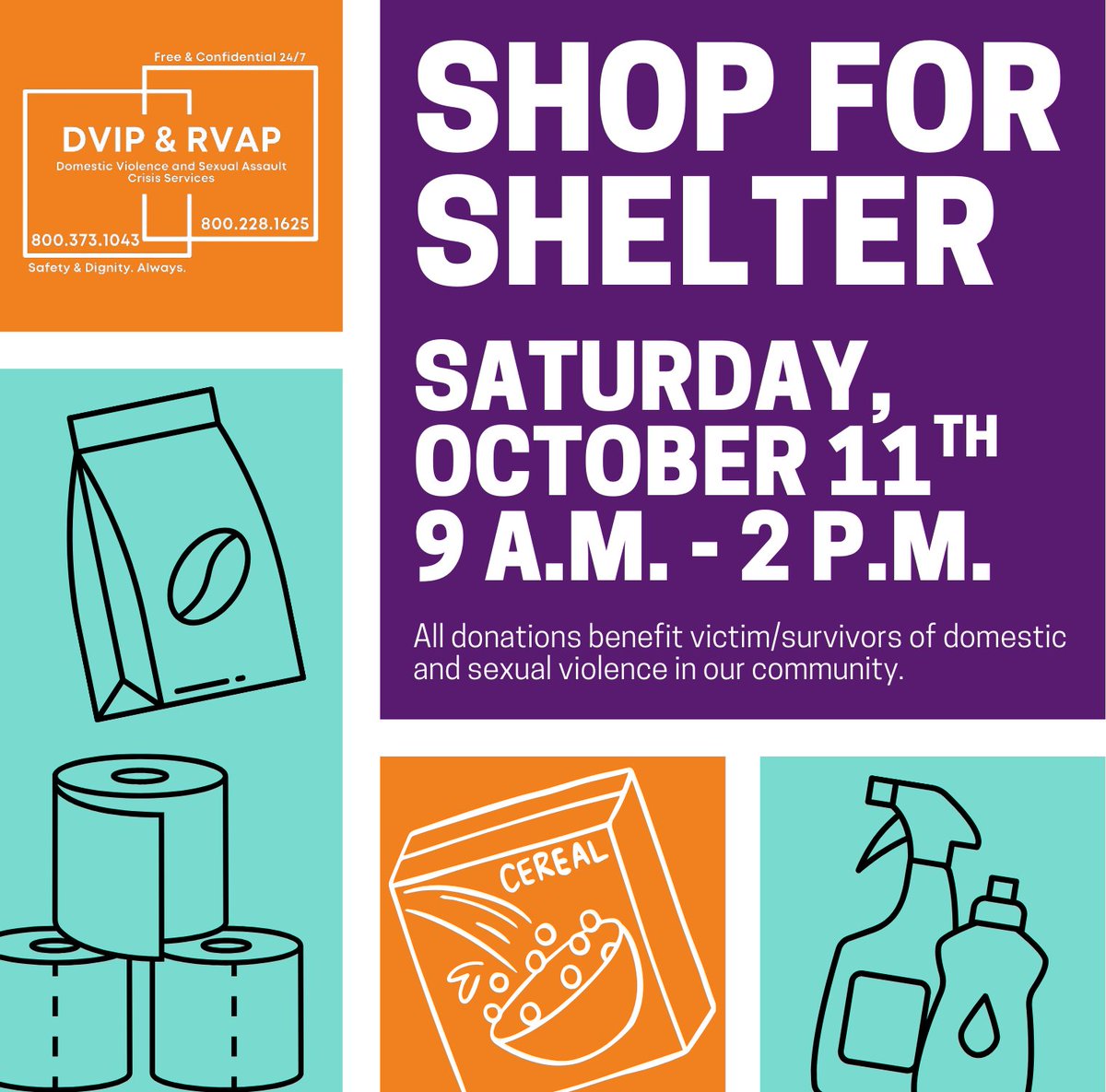 This year's Shop for Shelter will be held on October 11th from 8:30 AM-1 PM. Shop for Shelter is our annual donation drive for our emergency shelter. 

📅: October 11, 2025
⏰: 9 AM - 2 PM