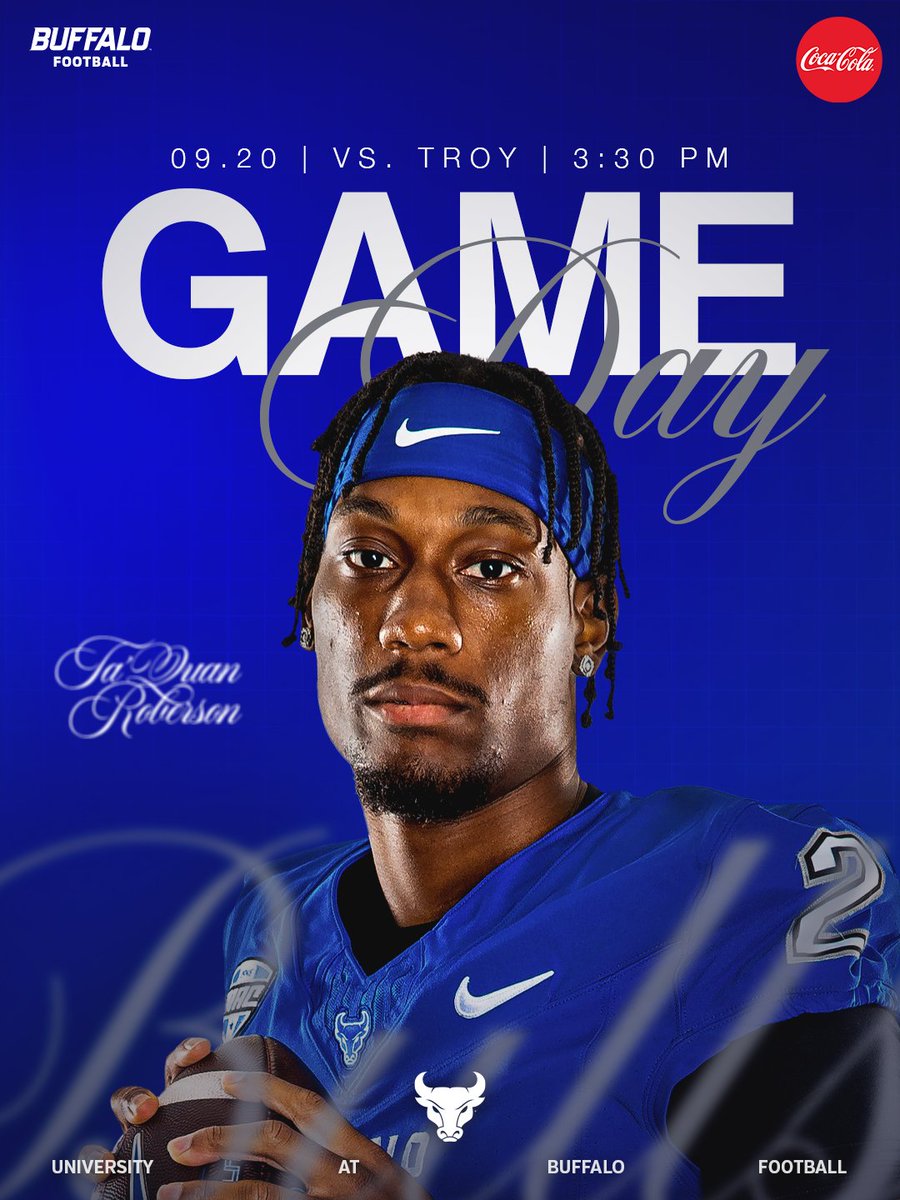 𝐆𝐀𝐌𝐄 𝐃𝐀𝐘 🤘

🆚 | Troy 
🏟️ | UB Stadium
⌚️ | 3:30 PM
📺 | ESPN+ (tinyurl.com/UBFBvTroyStream)
📊 | tinyurl.com/UBFBvTroyStats
📻 | tinyurl.com/UBFBvTroyRadio
🎟️ | tinyurl.com/UBFBvTroyTicke…

#UBhornsUP🤘 | #BullMarket📈