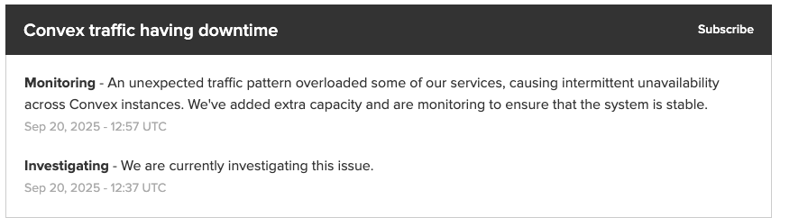BiTCaastle's tweet photo. @SebastianAhlma1 @theo @t3dotchat Outage seems resolved now for me looks like it aligns with Convex so probably from there side. https://t.co/IRnDymjkOh