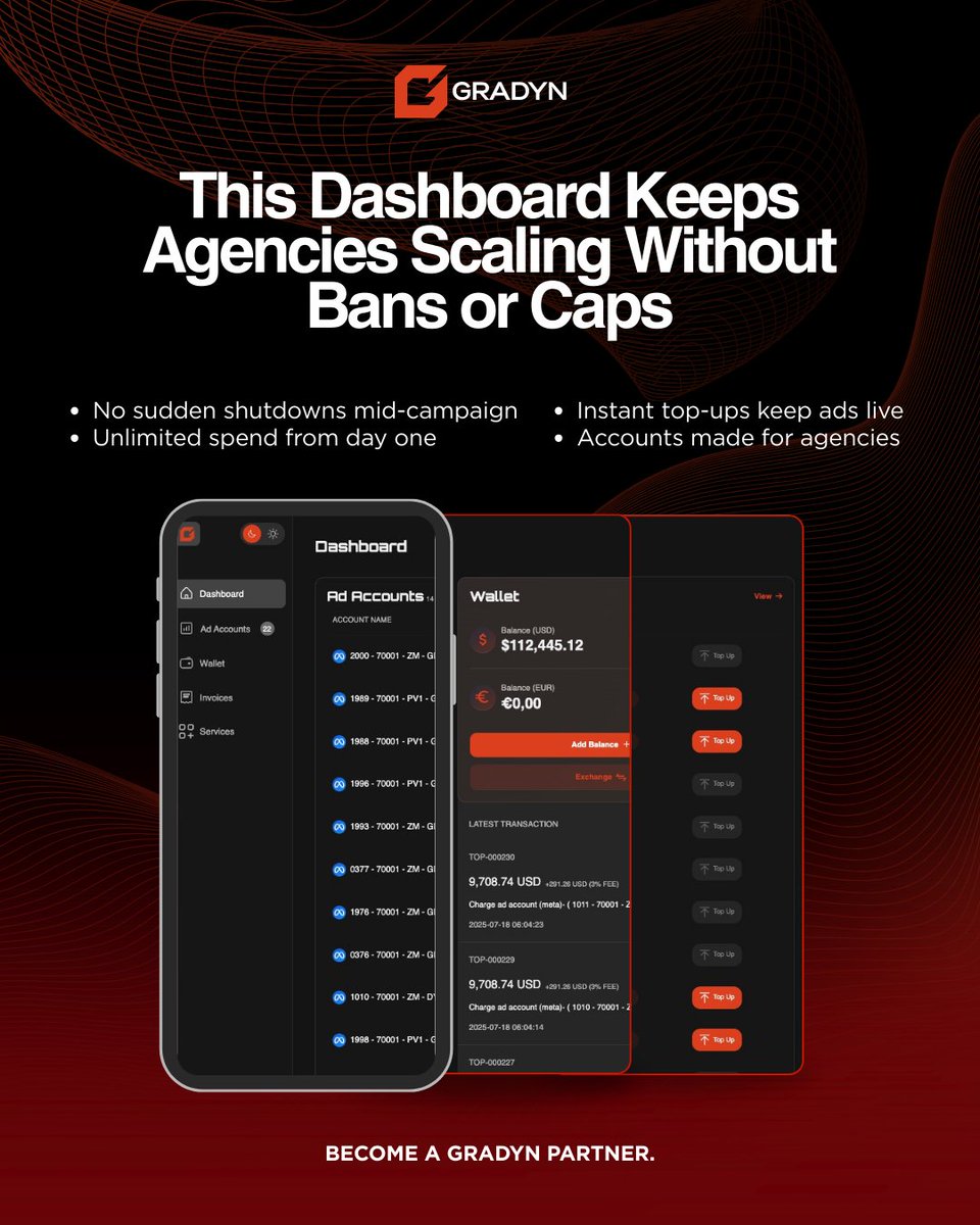 Scaling isn’t the problem.
Staying live is.

That’s why agencies use Gradyn:
✅ No bans mid-campaign
✅ Unlimited spend from day one
✅ Instant top-ups, zero downtime
✅ Accounts made for agencies

The dashboard that keeps you scaling.