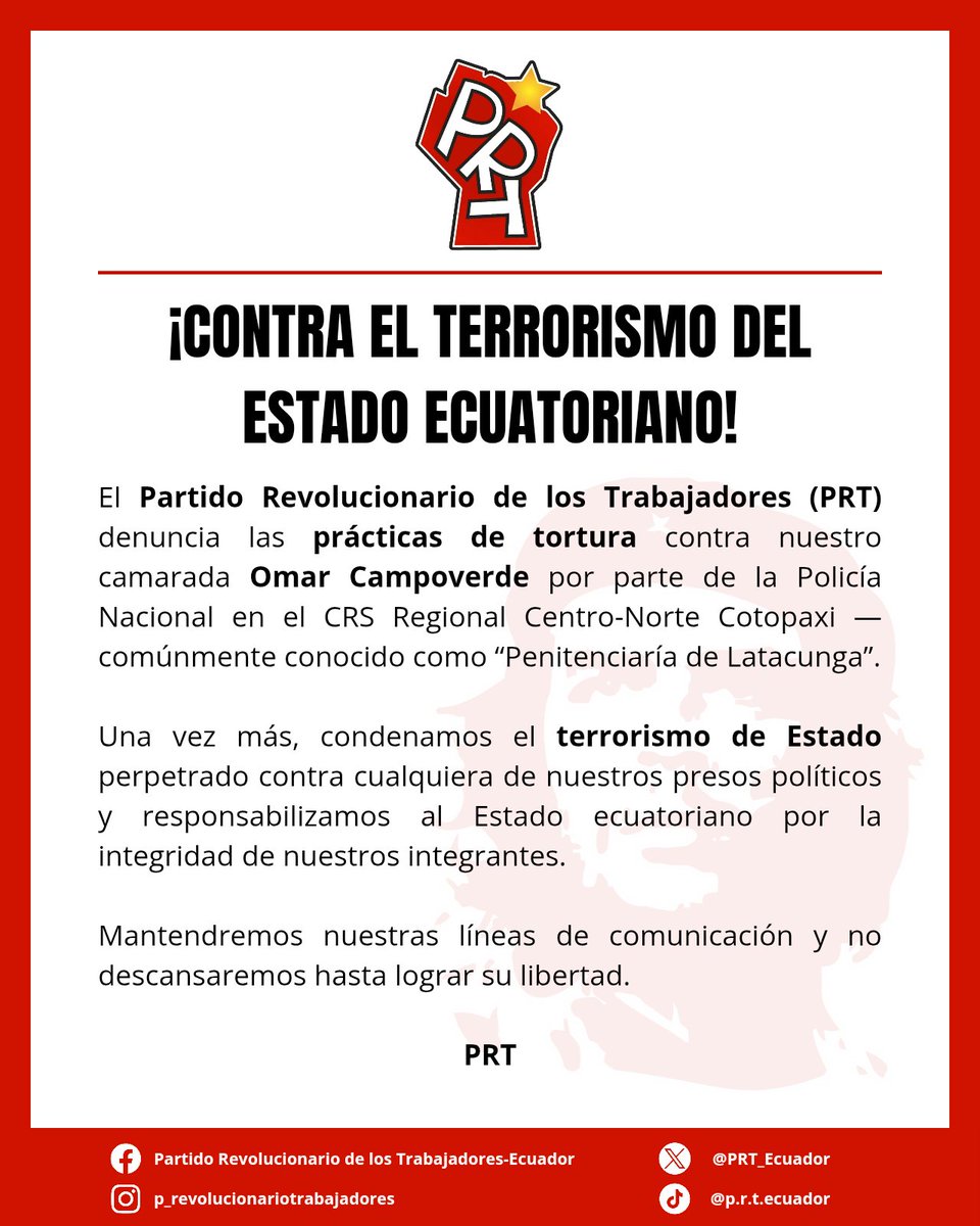 🚨🚨DENUNCIA PÚBLICA
El Gobierno ha ejercido prácticas de  tortura por medio de la policía en la R C N Cotopaxi (Penitenciaria de Latacunga), en contra de nuestro camarada Omar Campoverde Preso Político.
Responsabilizamos al gobierno por la integridad de nuestros compañeros.