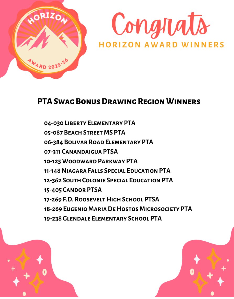 🎉 Congratulations to the winners of the NYS PTA Horizon Award!

❤️ School 16 PTA
❤️ Eugenio María de Hostos MicroSociety PTA
❤️ Khalil Gibran
❤️ PEARLS
❤️ YMA PTSA
A special shoutout to the Hostos PTA for also winning the PTA Swag Prize! 🏆

<a href="/YonkersSchools/">Yonkers Public Schools</a> 
<a href="/AnibalSolerJr/">Aníbal Soler, Jr.</a>