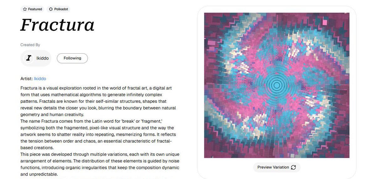 Vi_cdan's tweet image. Happy Weekend 

A little detail about the “Fractura”Collection by @__Ikiddo__  

The name Fractura comes from the Latin word for &apos;break&apos; or &apos;fragment,&apos; symbolizing both the fragmented, pixel-like visual structure and the way the artwork seems to shatter reality into repeating,…