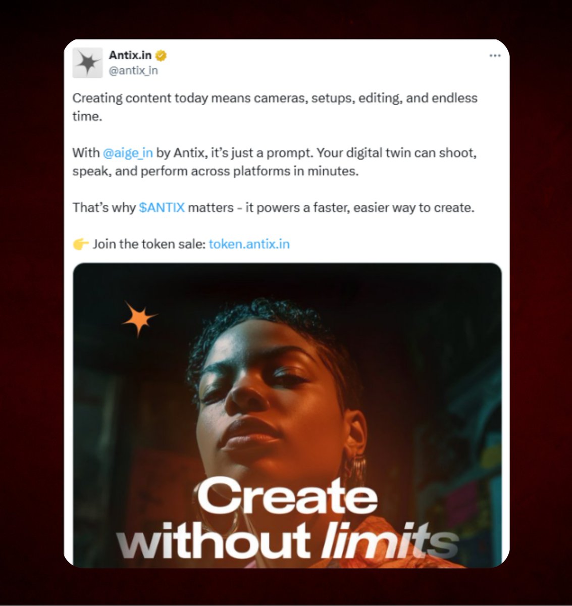 GN fam 🌙

Another day, another shift in how we think about creating

Content creation goes beyond tools now, its about ownership and monetization

Thats where @antix_in steps in not only faster content with AI twins, but also real onchain identity powered by $ANTIX.