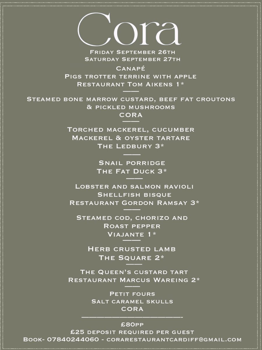 Just a week to book this special menu, and only two spaces left over the weekend on Saturday night.

To book text 07840244060 or email corarestaurantcardiff@gmail.com