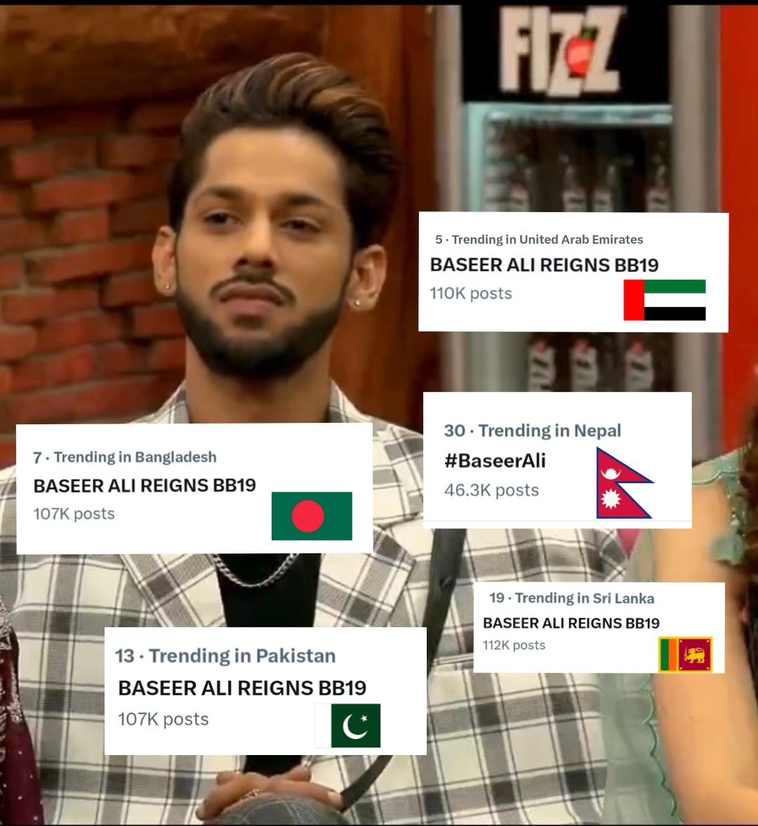 ItsRubiology5's tweet photo. Baseer Ali is trending in six different countries, this is truly huge! BASEER has become the only fandom to achieve trending status not just in India, but in five other countries as well. The craze is absolutely unbelievable, and the pride is unmatched!

BASEER ALI REIGNS BB19 https://t.co/84vxh1sPpa