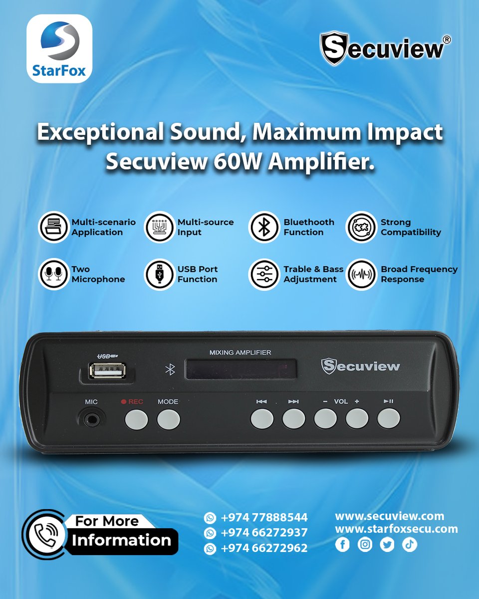 StarfoxSystem's tweet image. Exceptional Sound, Maximum Impact Secuview 60W Amplifier.
Order Now:
secuview.com
Sales Dept.: +974 77888544 / 66272962
Showroom: +974 66272937
🌐 : starfoxsecu.com
#PAudioSysteminqatar #ProfessionalAudio #Secuview #SoundEngineering #AudioEquipment #starfox #L