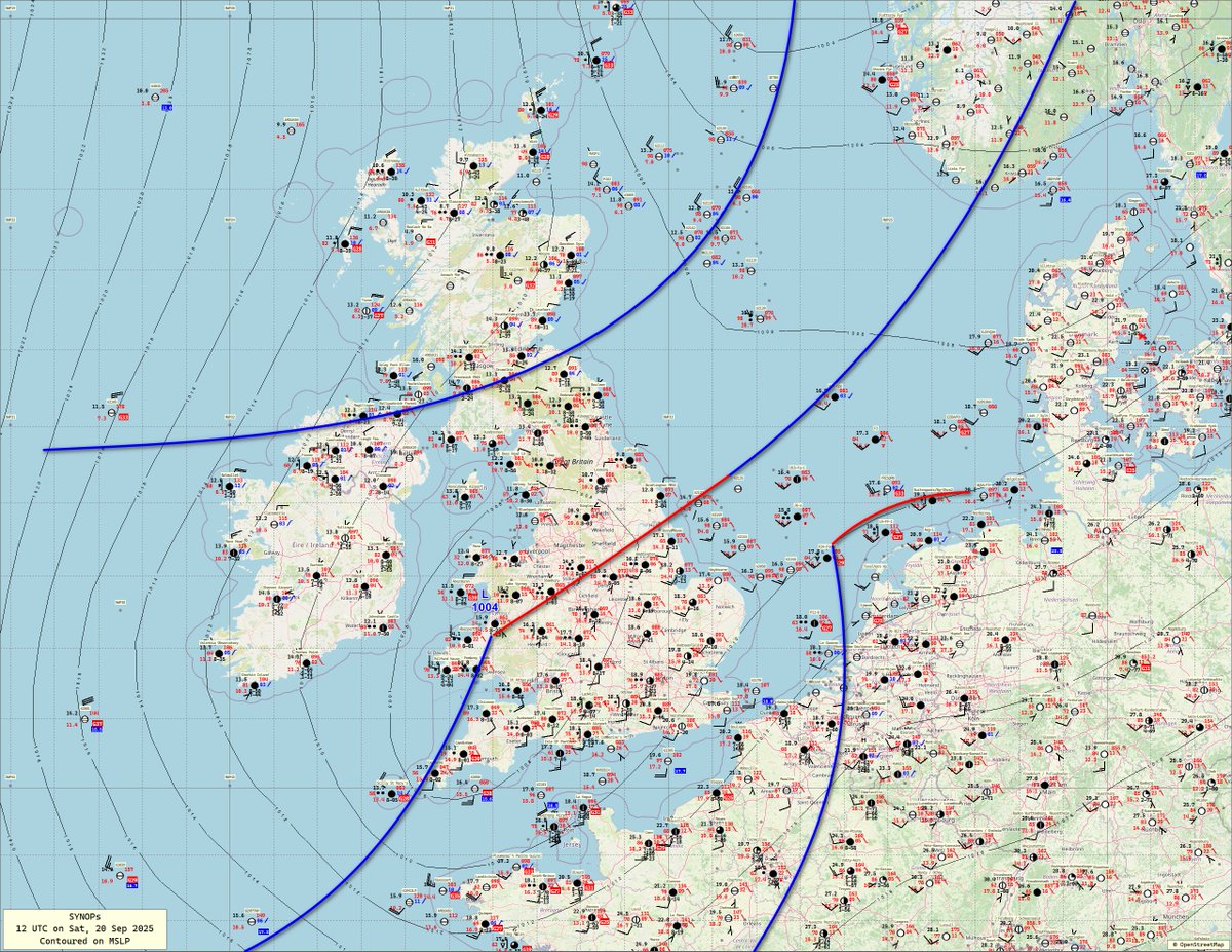 20 Sep 2025
12 UTC
Analysis
The equinox is not until the 22nd this year, so this isn't quite the last day of summer, but despite this it's a battle royal between cold &amp; warm this afternoon, with the low starting to deepen more quickly.
#ukweather 
<a href="/metoffice/">Met Office</a> <a href="/bbcweather/">BBC Weather</a>