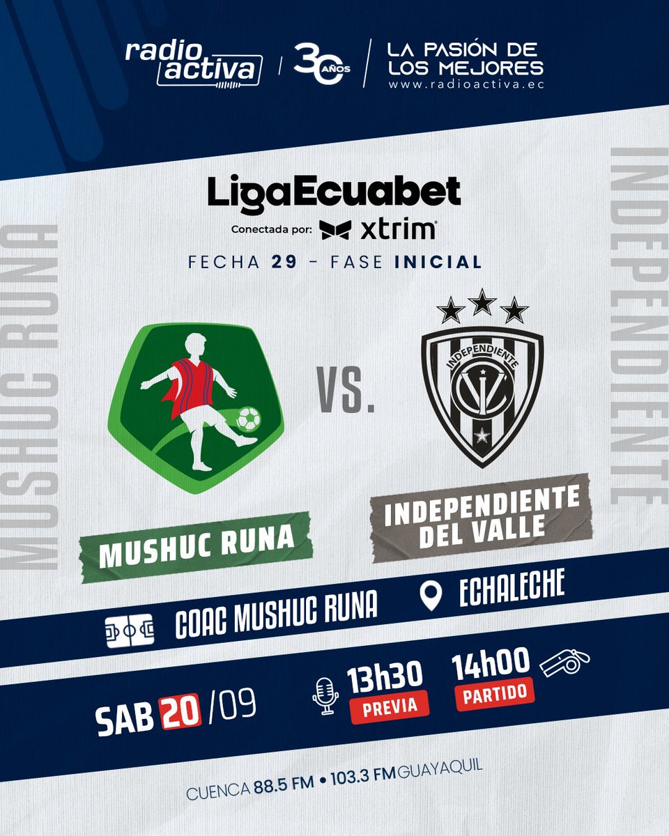🎙️⚽️ Hoy te contamos las emociones del duelo #MushucRuna ⚪️🟢 🆚 #IDV 🔵⚫️ por la jornada 2️⃣9️⃣ de la #LigaEcuabet 🏆 

¡La pasión de los mejores! 💪🏻 

📻 88.5FM CUE | 103.3FM GYE
🌍 radioactiva.ec
📲 FB y YouTube Live