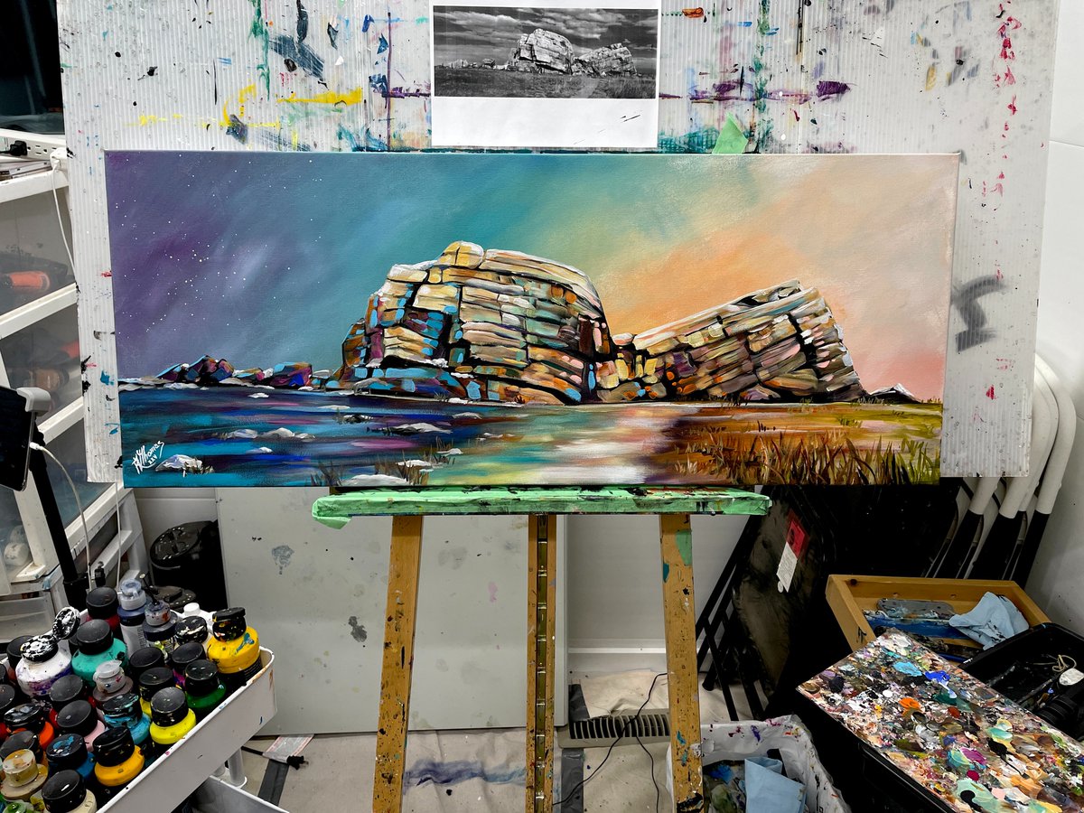 Erratic Seasons, 16" x 40", acrylic on gallery canvas. #bigrock #okotoks #erratic #yyc #highriver