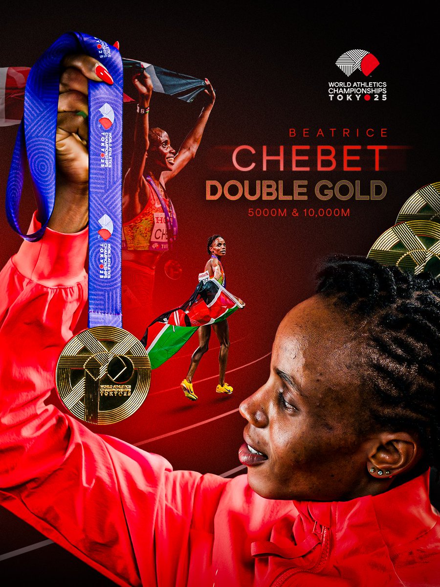 GOLD for Beatrice Chebet 🇰🇪 in the women’s 5000m!!!🥇🥇

She completes the 5k/10k double at the Tokyo 2025 World Championships, taking the women's 5000m in 14:54.36.

Faith Kipyegon 🇰🇪 won Silver in 14:55.07, while Nadia Battocletti 🇮🇹 got another medal in 3rd with 14:55.42.