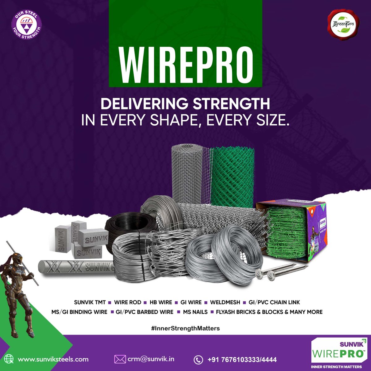 Sunvik_Steels's tweet image. From TMT bars to Wire Rods, HB Wire to GI Wire, Weldmesh, Bricks, and more — WirePro brings every construction essential together in one place. 

The complete solution for quality and strength, because in every form and function, #InnerStrengthMatters 

#wirepro #sunviksteels